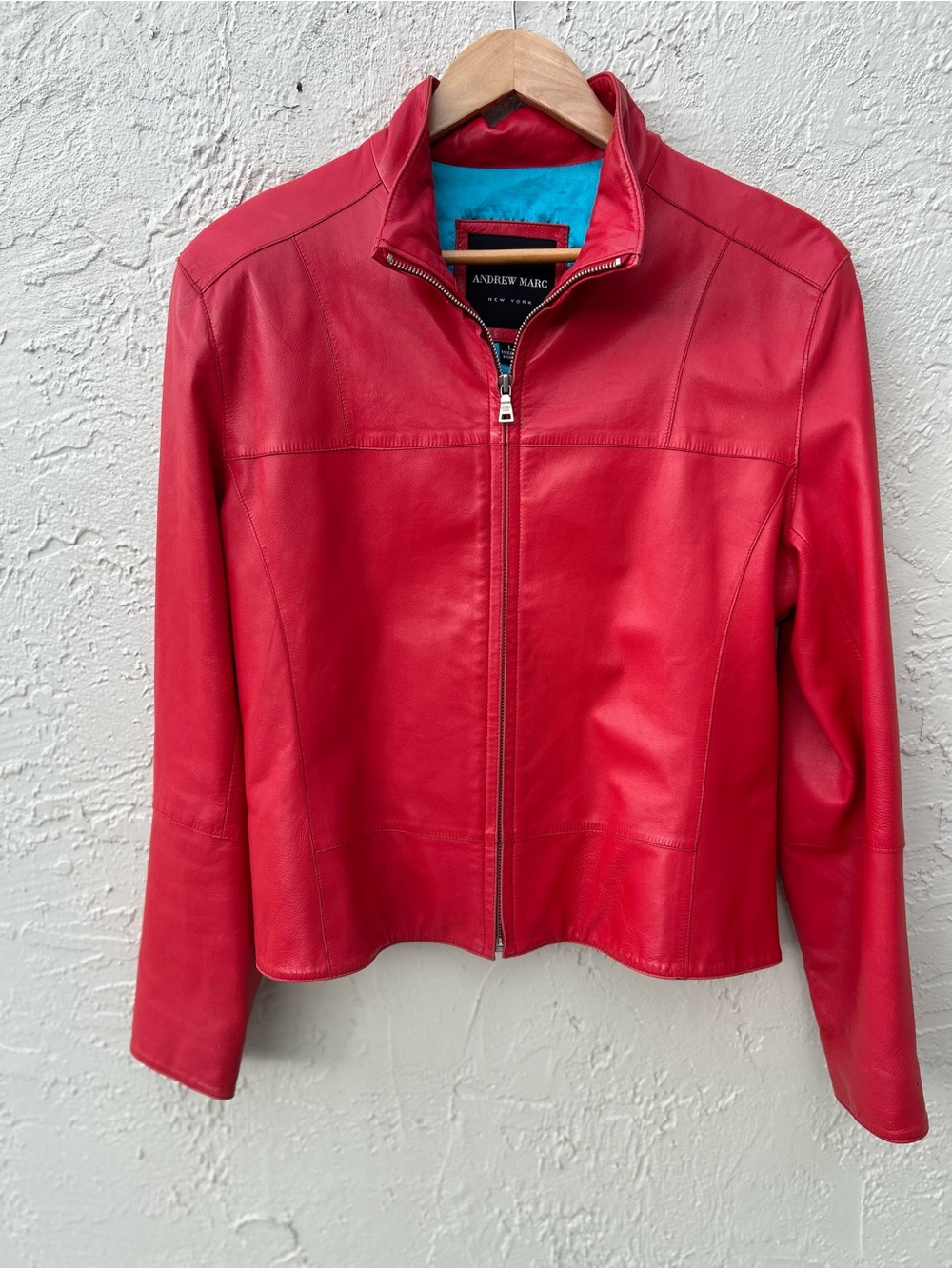 Andrew Marc women's leather jacket in bright red with blue lining size L